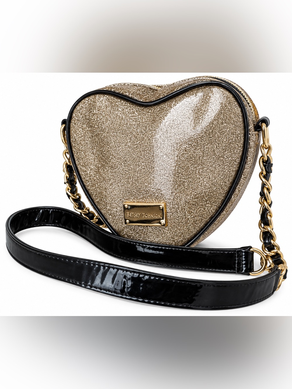 Betsey Johnson Gold Glitter Heart Crossbody with Black Patent Strap